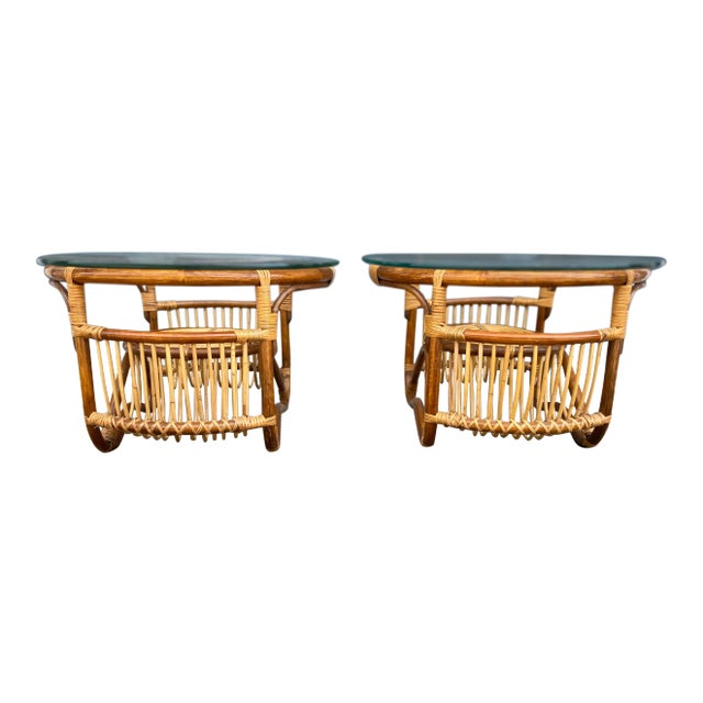 Pair of Bamboo + Rattan Side Tables in the Style of Franco Albini For Sale