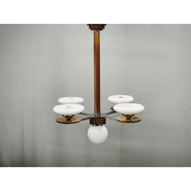 Czech Art Deco Chrome and Opaline Glass Chandelier in Walnut, 1930s For Sale - Image 3 of 17