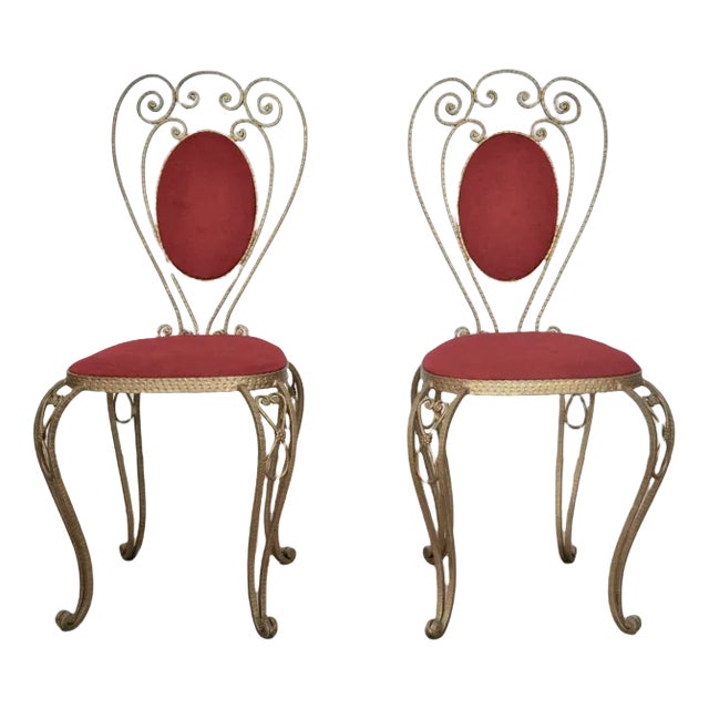 Set of Patinated Brass, Wrought Iron, and Velvet Side Chairs, 1970s For Sale