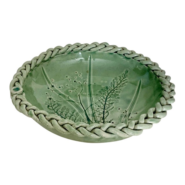 Vintage Sage Green Studio Ceramic Bowl With Botanical Print - Artist Signed For Sale
