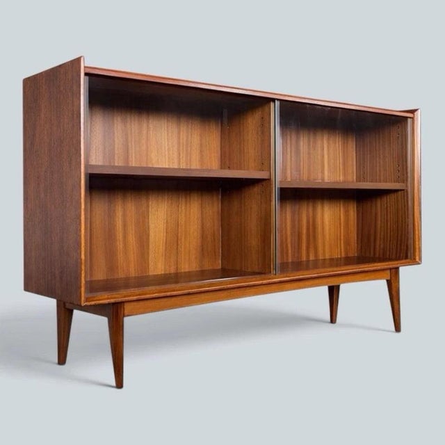 Wood Mid-Century Walnut & Teak Sliding Glass Display Cabinet For Sale - Image 7 of 7