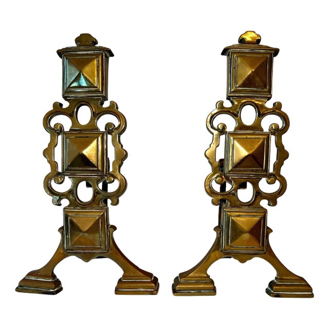 Pair Brass Geometric Andirons For Sale