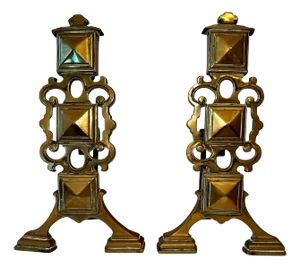 Pair Brass Geometric Andirons