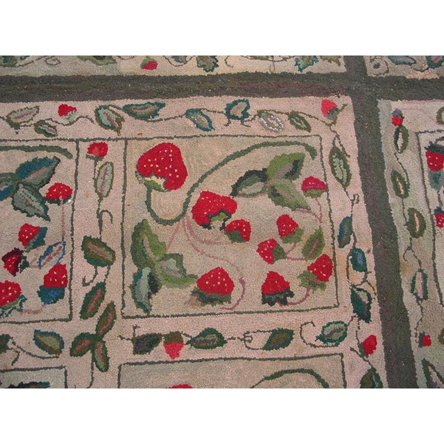Ivory 1920s Ivory Floral Folk Art Antique American Hooked Rug 6'3" X 6'4" Handknotted Wool Carpet For Sale - Image 8 of 10