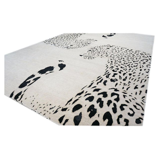 Modern Nepalese Wool & Silk 9x14 Ivory & Black Jaguar Handmade Area Rug #1144032 For Sale In Houston - Image 6 of 8