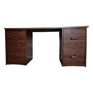 Desk - 2 File Cabinets + Desktop Walnut Wood Portable 3 Pc Retro Wooden Desk Euc For Sale