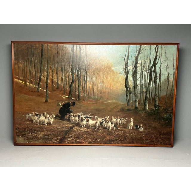 Impressionist Monumental Oil Canvas, Georges Henri Fauvel, Hunting Dogs with Master, 19th Cent For Sale - Image 3 of 12