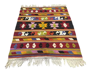Vintage Turkish Beige, Blue & Pink Tribal Kilim Rug, 1960s