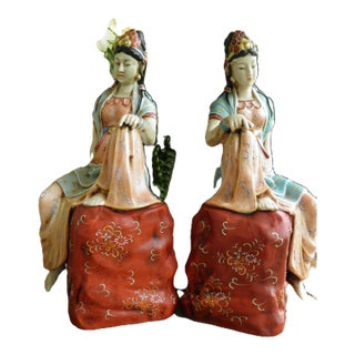 Rare Pair of Quan-Yin Buddhist Bodhisattvas of Compassion Porcelain Statues For Sale