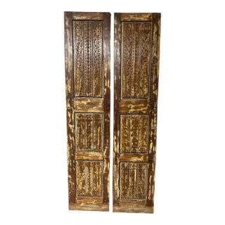 Mid Century Spnaish Style Carved Wood Double Doors With Brass Studs 80 For Sale