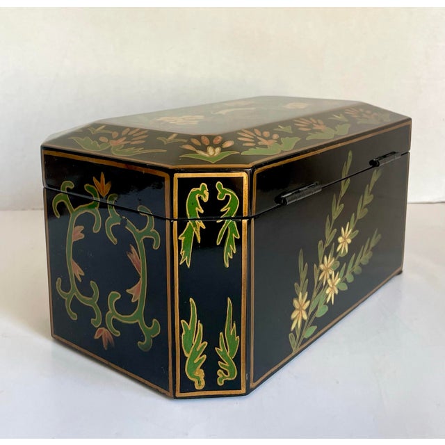 Vintage Chinoiserie Faceted Black Lacquer Bird and Blossom Jewel Box For Sale - Image 11 of 12