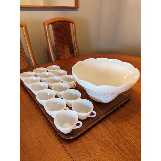 Glass Late 20th Century Anchor Hocking Mid Century Milk Glass Grape Design Punch Bowl - 16 Pieces For Sale - Image 7 of 12