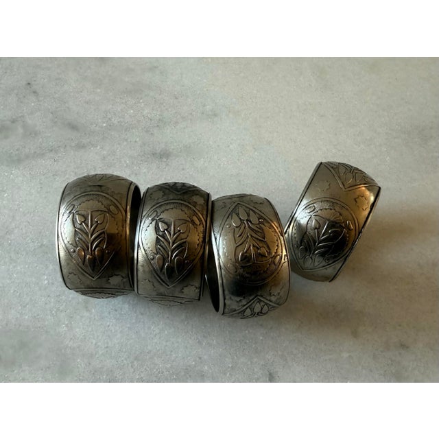 Late 20th Century Set of 4 Engraved Silver Metal Napkin Rings For Sale - Image 5 of 7