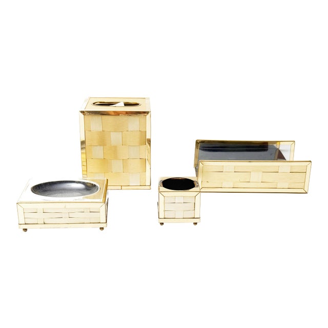 1970s Stylebuilt Accessories Inc Vintage Woven Brass Hollywood Regency Bathroom Set - 4 Pieces For Sale