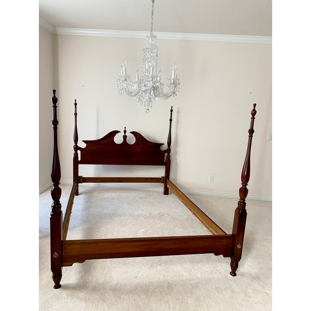 Late 20th Century Cherry Pediment Low Poster Ethan Allen Style Queen Bed Excellent Condition Late 20th Century For Sale - Image 5 of 9