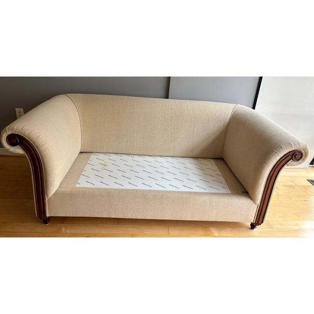 2000 - 2009 Classic Hand Carved Sofa With Walnut Frame and Upholstered in a Neutral Fabric For Sale - Image 5 of 6