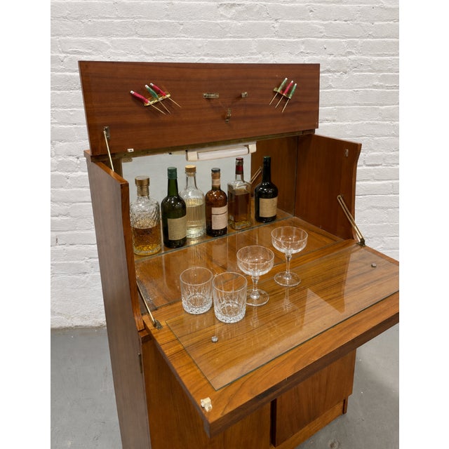 Mid Century Modern Teak Bar Cabinet | Mirrored Home Bar With Drop-Down Serving Surface, C. 1960’s For Sale - Image 4 of 14