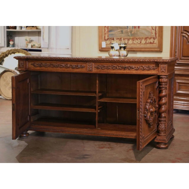 Brown 19th Century French Louis XIII Carved Oak Buffet With Parquetry Top For Sale - Image 8 of 12
