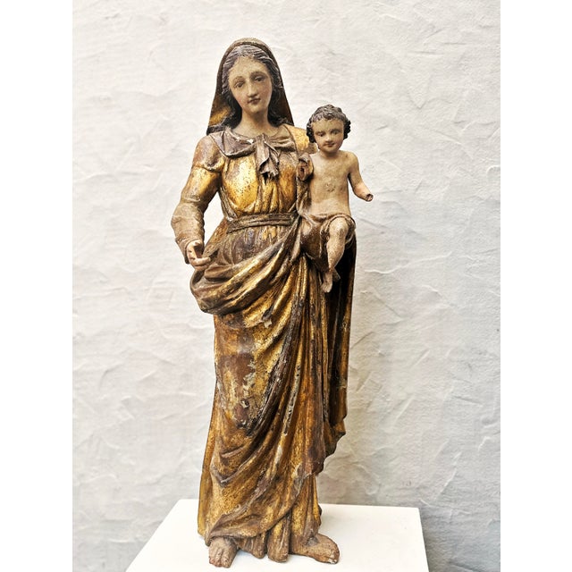 Baroque Madonna, Mother of God with Child, 18th Century, Carved Wood, Painted For Sale - Image 3 of 18