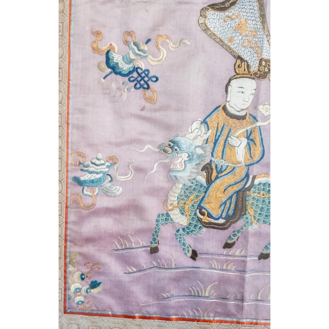19th Century Chinese Fine Silk Embroidered Panel With Figures on Purple Ground For Sale - Image 11 of 16