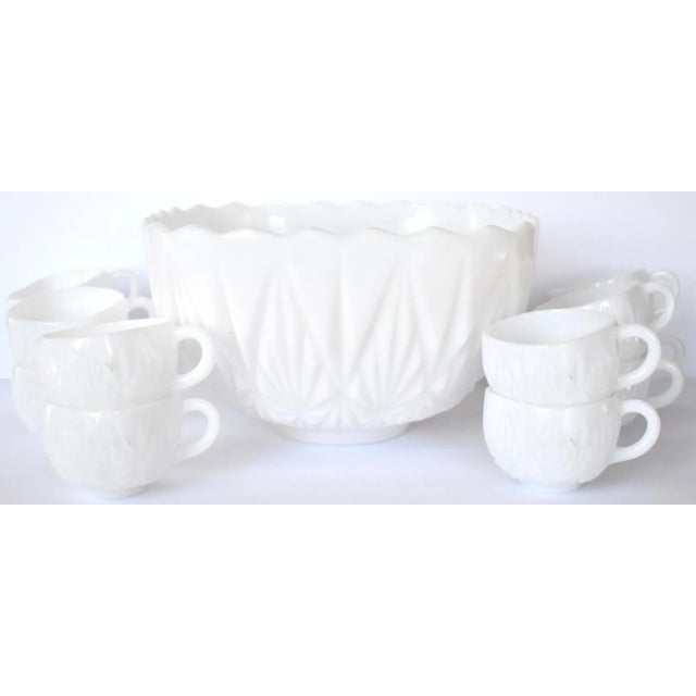 Mid-Century Geometric White Milk Glass Punch Bowl & Cups Set- 13 Pieces For Sale - Image 9 of 9