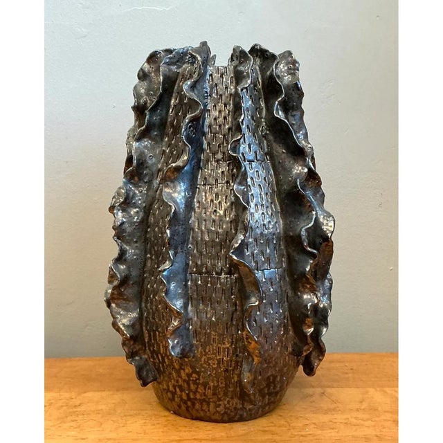 Vintage Silver Ruffle Studio Pottery Vase For Sale - Image 4 of 13