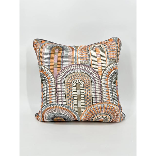 S. Harris Modern Mosaic Mezquita Embroidered Fabric on the front. Lavender Linen with vertical gray embroidered tape on...