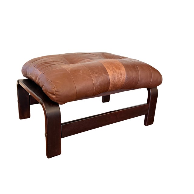 Mid-Century Modern Vintage Norwegian Leather Ottoman | Scandinavian Mid-Century Modern Bentwood & Sling Footstool | Ingmar Relling Style For Sale - Image 3 of 16