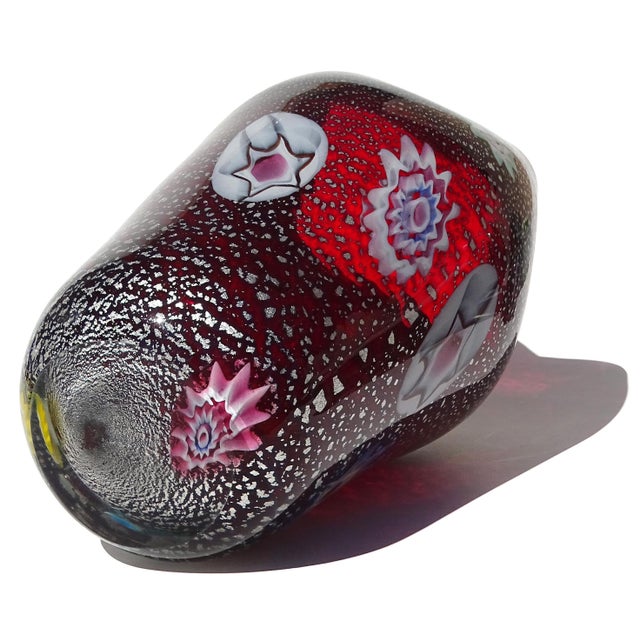 Vintage Murano AVeM Red Millefiori Flowers Murrine Silver Flecks Italian Art Glass Pinched Rim Flower Vase For Sale - Image 12 of 12