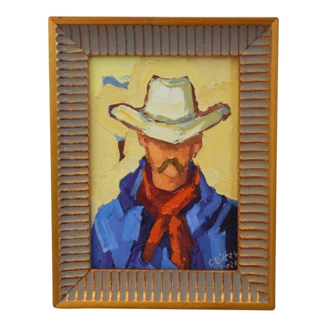 Impressionist Farmhouse Western Cowboy Painting Including the Antiqued Gold Wood Frame For Sale