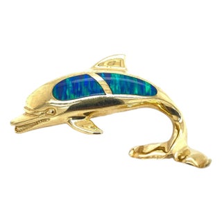 Opal Inlay Dolphin 14k Yellow Gold Charm Pendant For Sale