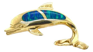 Opal Inlay Dolphin 14k Yellow Gold Charm Pendant