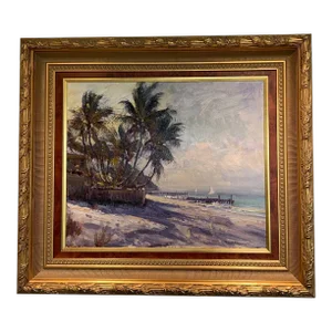2000s "Naples Pier, Naples Florida" Beach Landscape Oil Painting by Robert Charles Gruppe, Framed