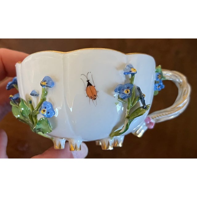 Blue Antique Meissen Porcelain Tea Cup and Saucer With Applied Flowers and Hand Painted Insects For Sale - Image 8 of 15