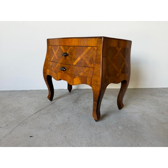 Hollywood Regency Vintage Italian Burl Olive Wood Parquetry Two-Drawer Miniature Chest With Shell-Form Handles For Sale - Image 3 of 12