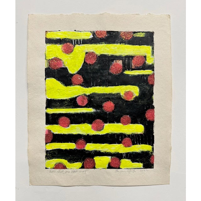 A colorful work on paper from mid career artist Ben Junta Acrylic, Collage, Pink Glitter on Paper 14.5" x 12"