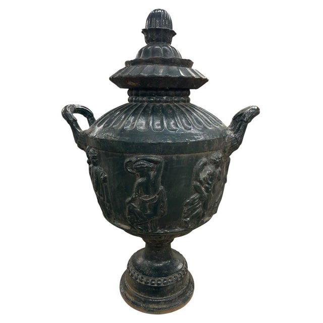 Vintage Cast Iron Urns With Classical Figural Reliefs For Sale In West Palm - Image 6 of 12