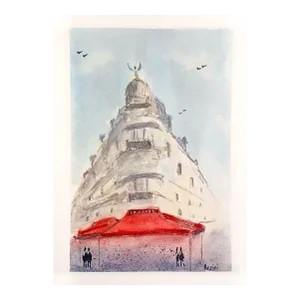 "Winter in Paris" 2022 Architectural Watercolor Painting by Emerging Artist Ben Resini, Signed