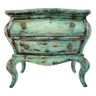 French Provincial Green Bombé Chest – Distressed Patina – Brass Hardware For Sale