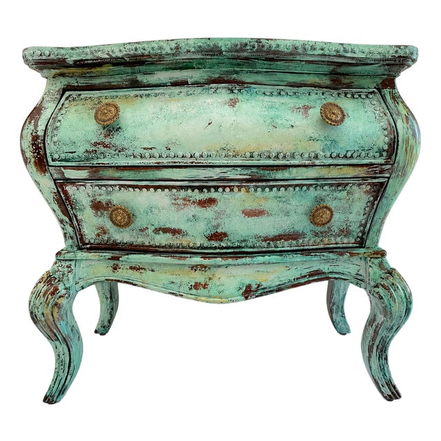French Provincial Green Bombé Chest – Distressed Patina – Brass Hardware For Sale