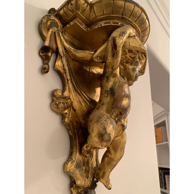 Wood Pair of 1900s Louis VI Style Carved Putti Wall Brackets For Sale - Image 7 of 12