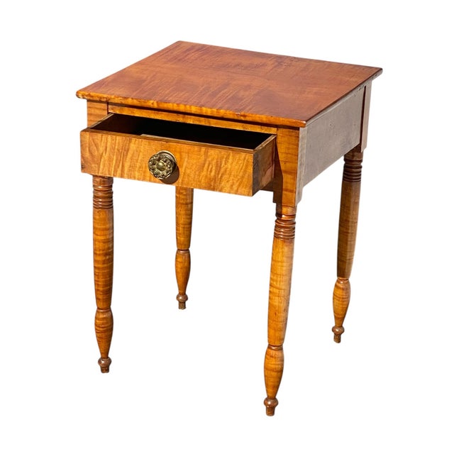 Traditional Antique 19th Century Sheraton New England Tiger Maple Work Table / Nightstand For Sale - Image 3 of 12