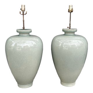 A Pair of Large Antique Celedón Table Lamps. For Sale