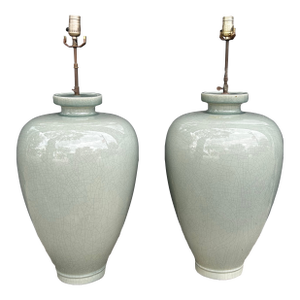 A Pair of Large Antique Celedón Table Lamps.