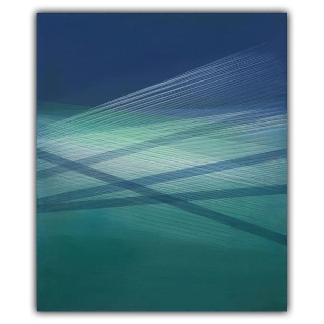 Wood Contemporary Abstract Oil, Acrylic and Silver Particles on Wood Panel Painting "Seascape (Indigo-Turquoise Green)" by Bernadette Jiyong Frank For Sale - Image 7 of 7
