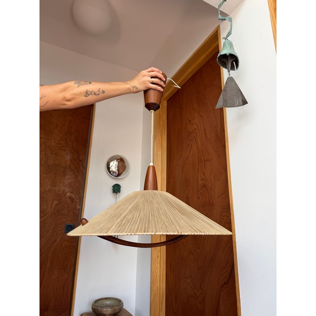 1960s Danish Modern Temde Leuchten Teak & Sisal Cord Pendant Lamp For Sale - Image 9 of 11
