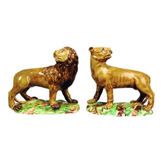 Ralph Wood Type Pearlware Pottery Lion and Lioness, Pair, Colored Glazes, Staffordshire Circa 1780–1800 For Sale