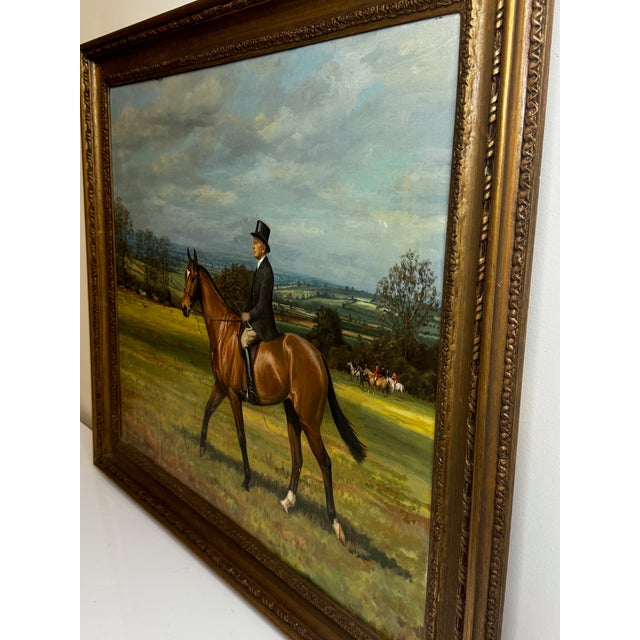 British Framed Oil Painting Worcestershire Hunt Huntsmen Top Hat Up Bay Horse Pug C1972 For Sale - Image 4 of 12