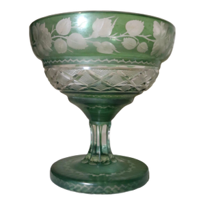 Antique Handmade Cut to Clear Green Crystal Centerpiece Compote Candy Dish Bowl
