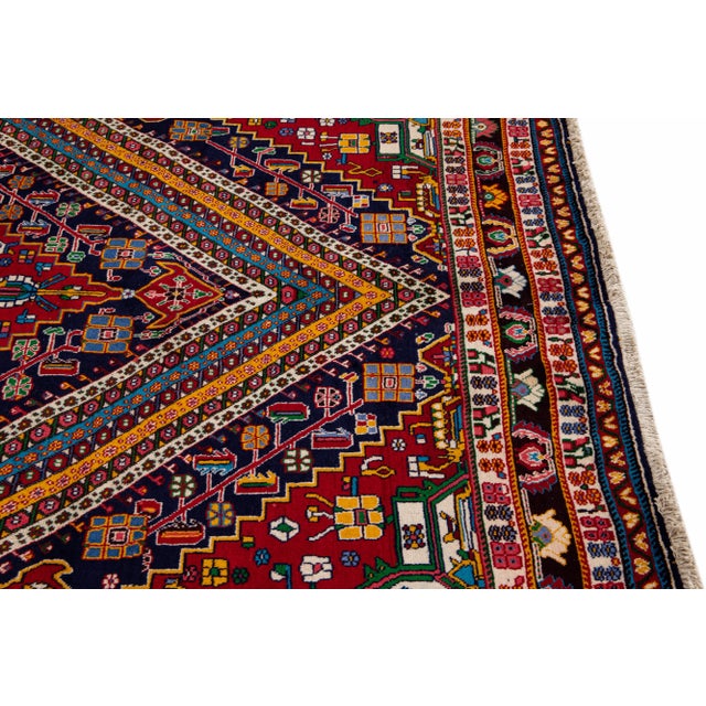 Textile Vintage Handmade Shiraz Red Geometric Wool Rug 6'8" X 9'11" For Sale - Image 7 of 12